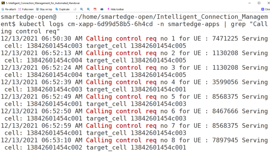 A console window showing the output of the command to confirm the App is "calling control req".
