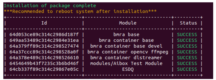 A screenshot showing the installation completion message and the status of each module